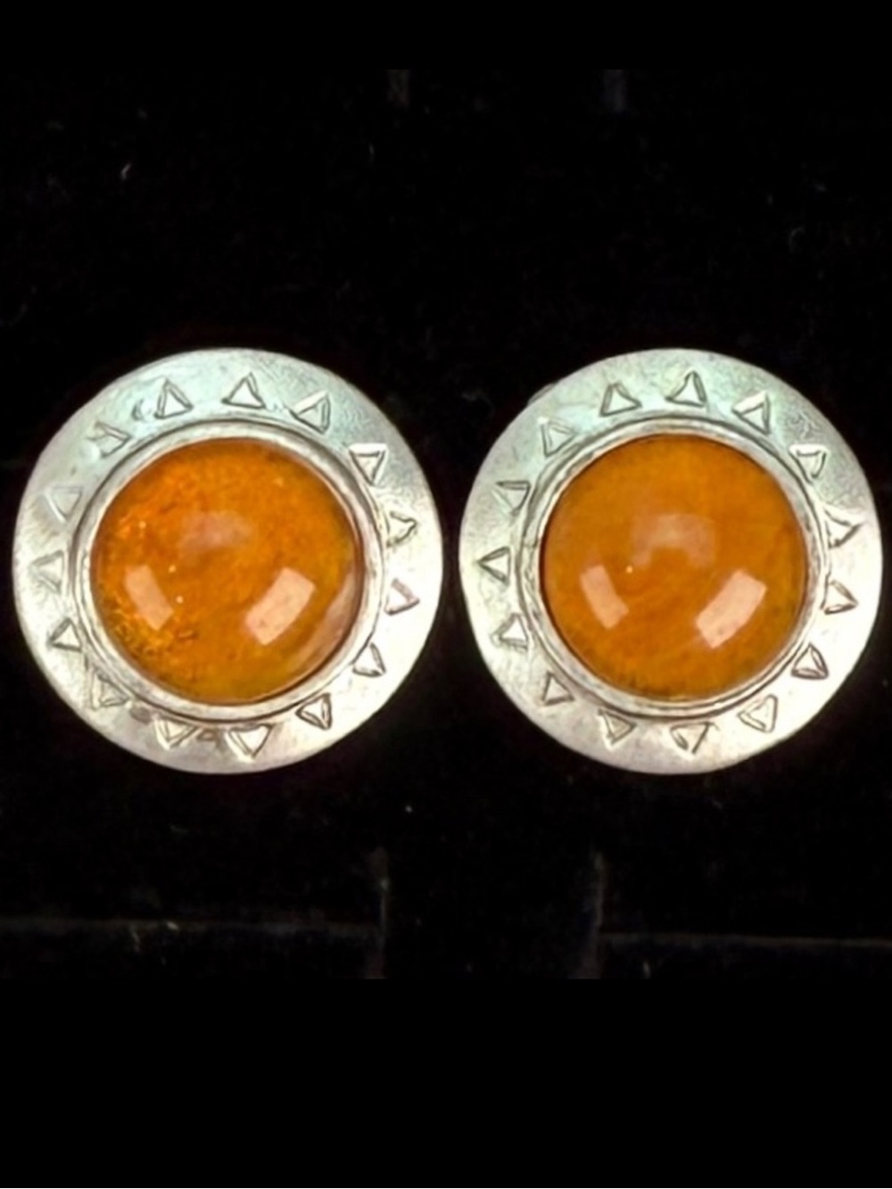 Vintage, brushed silvertone, amber pierced earrings